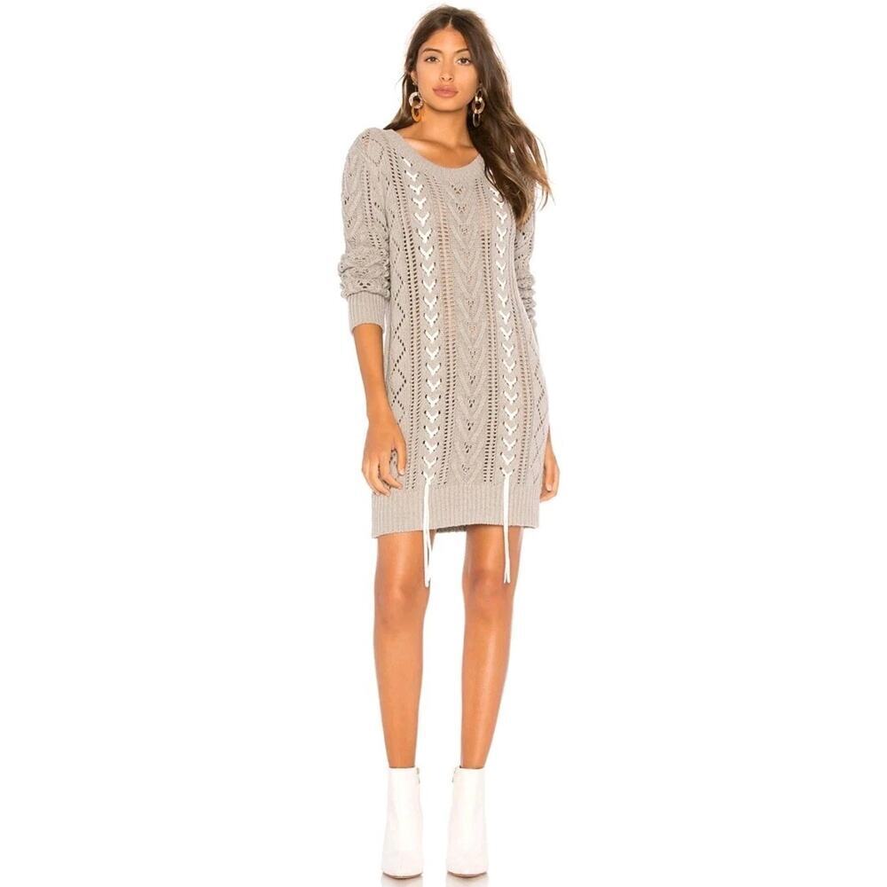 Lovers + Friends Lace Up Cable Knit Sweater Dress Gray Mini Sz M Winter Boots